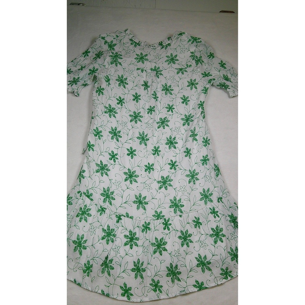 Anthropology Kindred Green Floral White Mini Dress Small Sleeve Ruffle Tie Neck - Picture 9 of 9